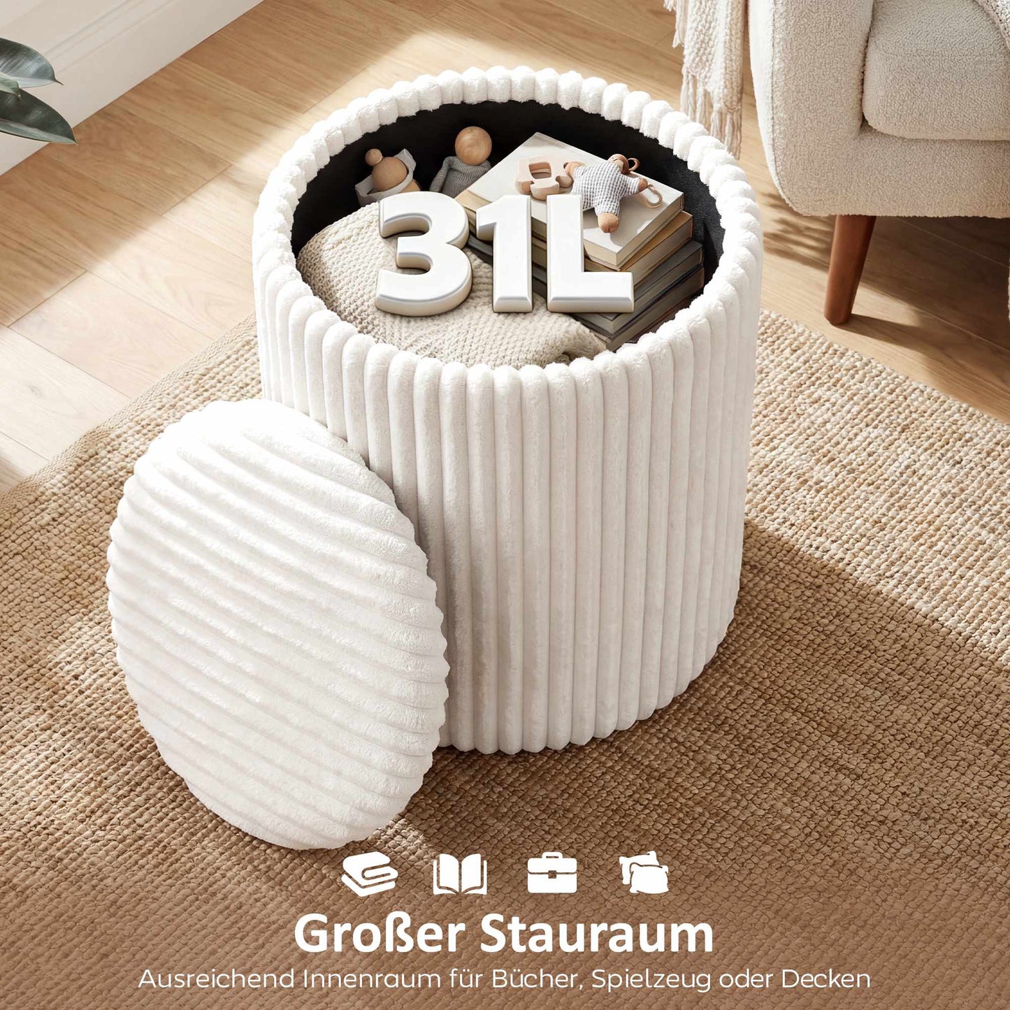 Storage Ottoman with Reversible Lid, White Corduroy, 35x35x45 cm