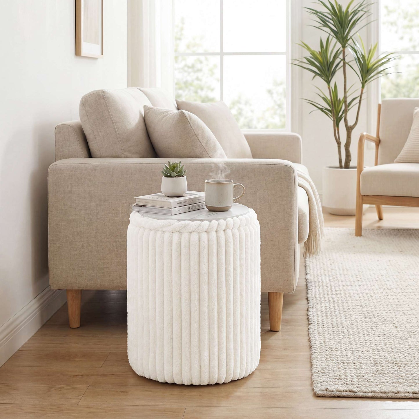 Storage Ottoman with Reversible Lid, White Corduroy, 35x35x45 cm