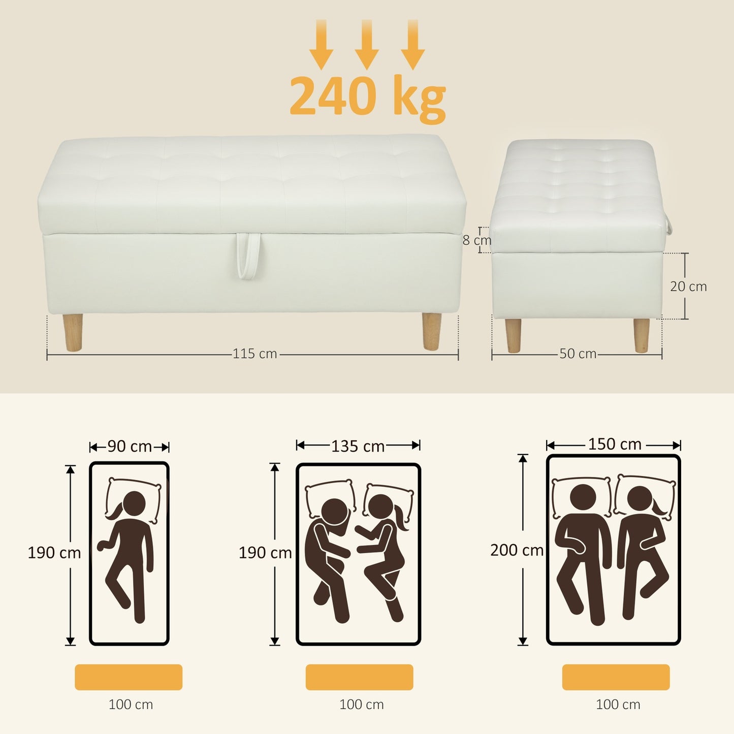Storage Ottoman with Soft Fabric, Wooden Legs, Cream White