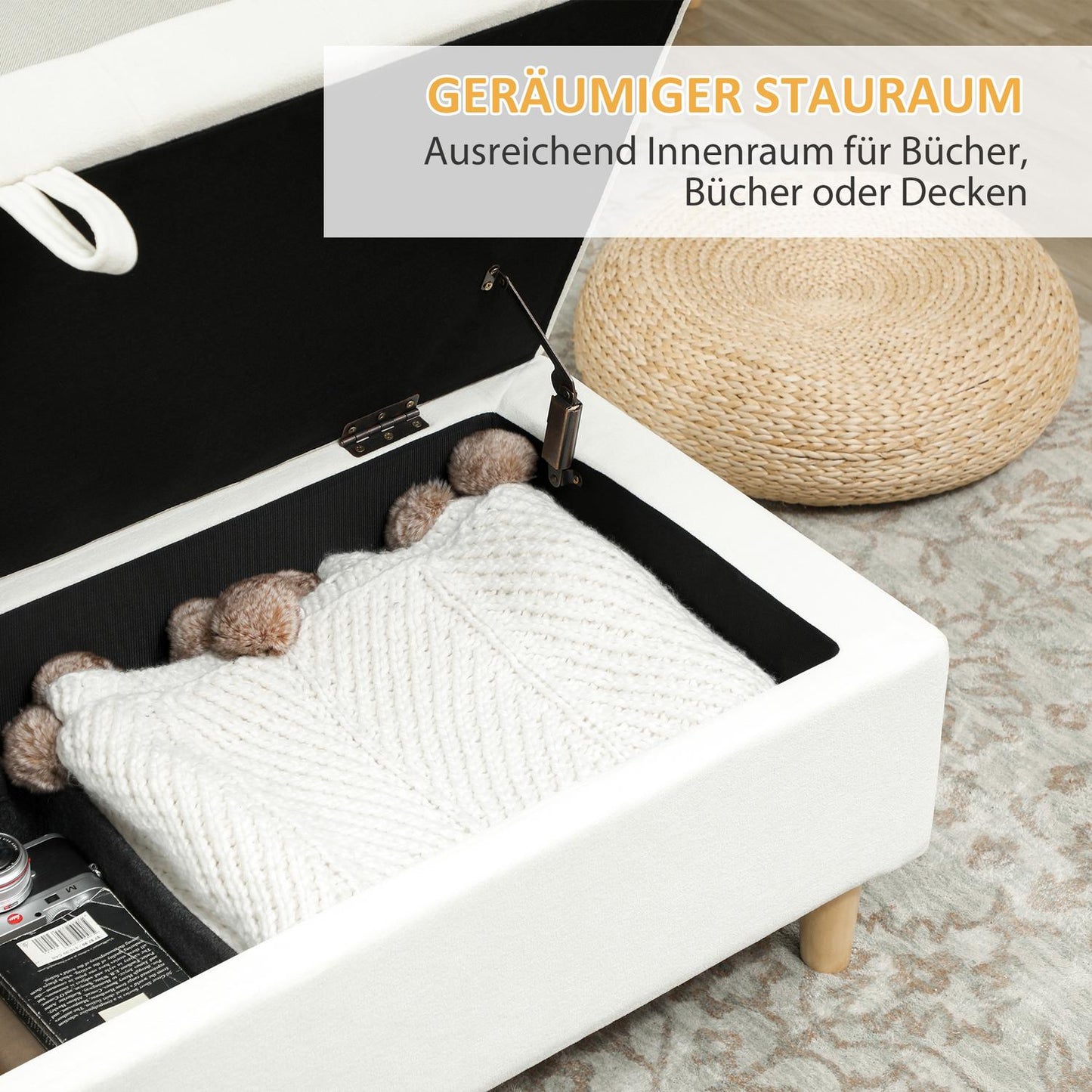 Storage Ottoman with Soft Fabric, Wooden Legs, Cream White