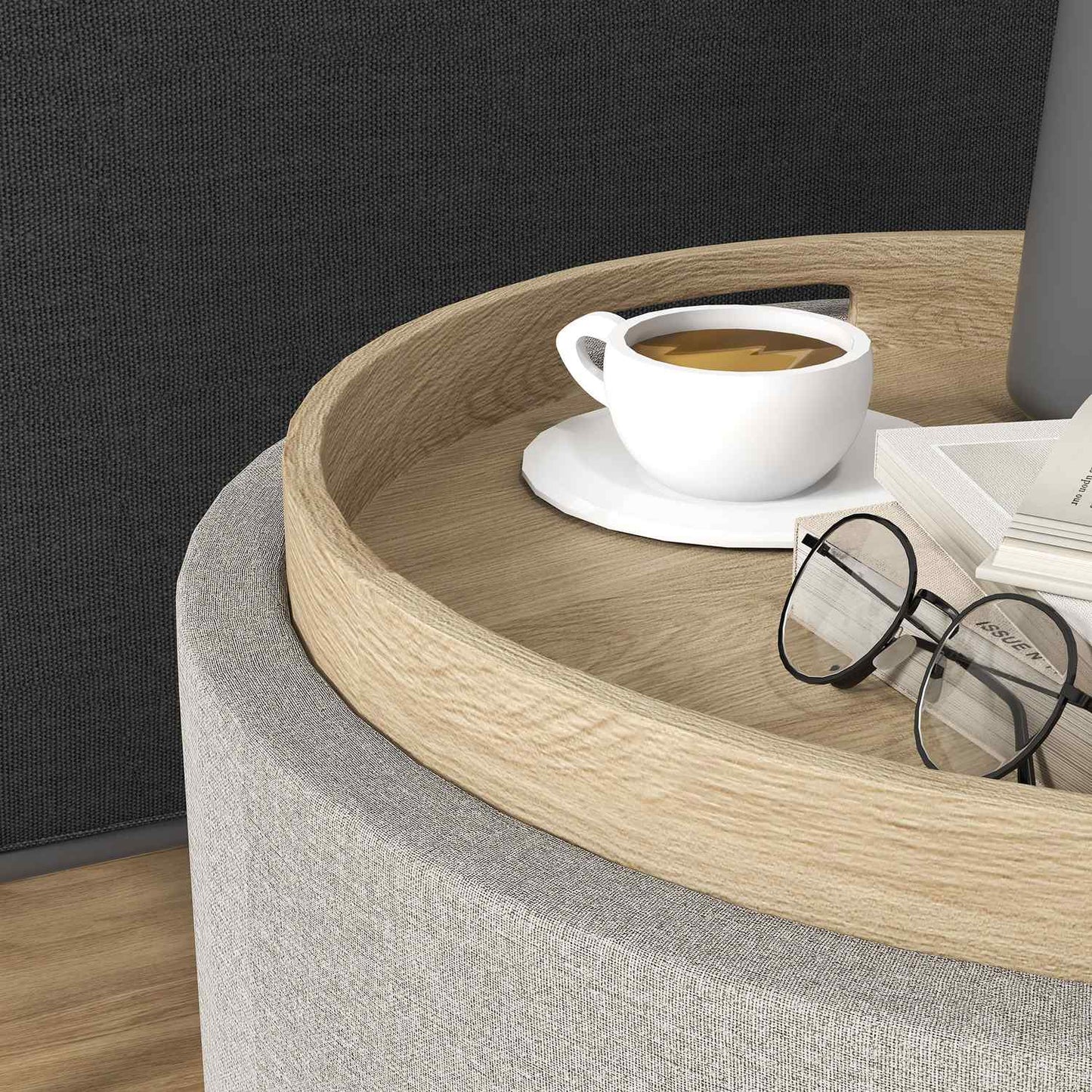 Storage Ottoman with Tray, Light Grey, Linen Look, 56x56x42 cm