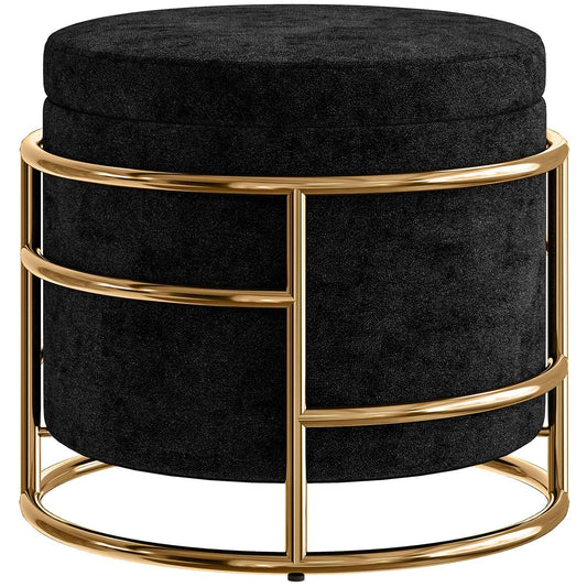 Storage Ottoman with Velvet, Black, Gold Metal Frame