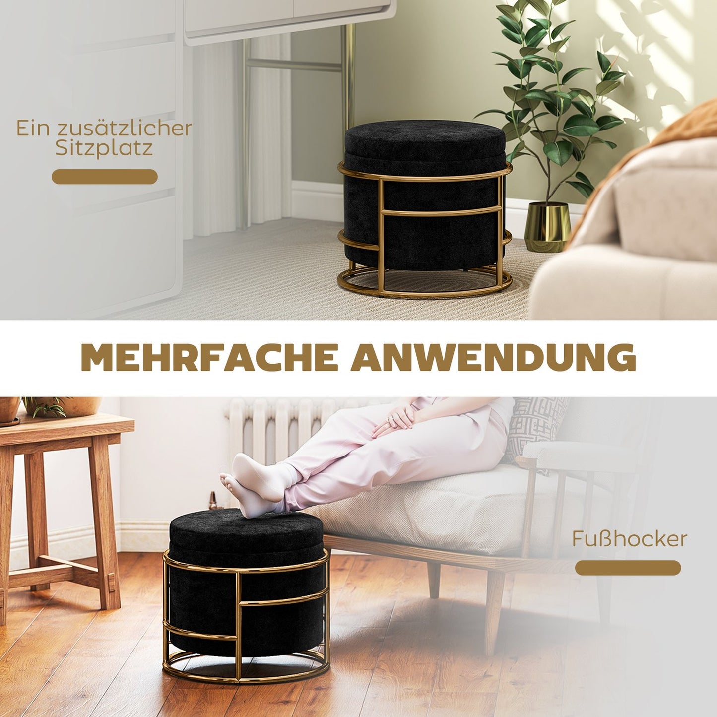 Storage Ottoman with Velvet, Black, Gold Metal Frame