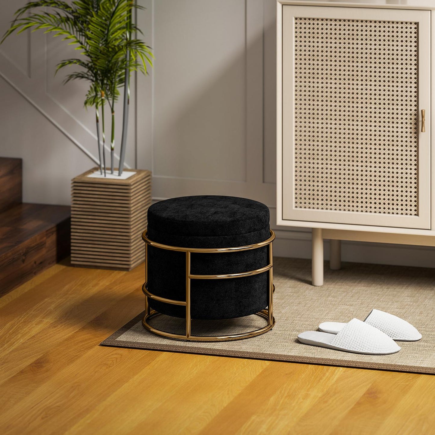 Storage Ottoman with Velvet, Black, Gold Metal Frame