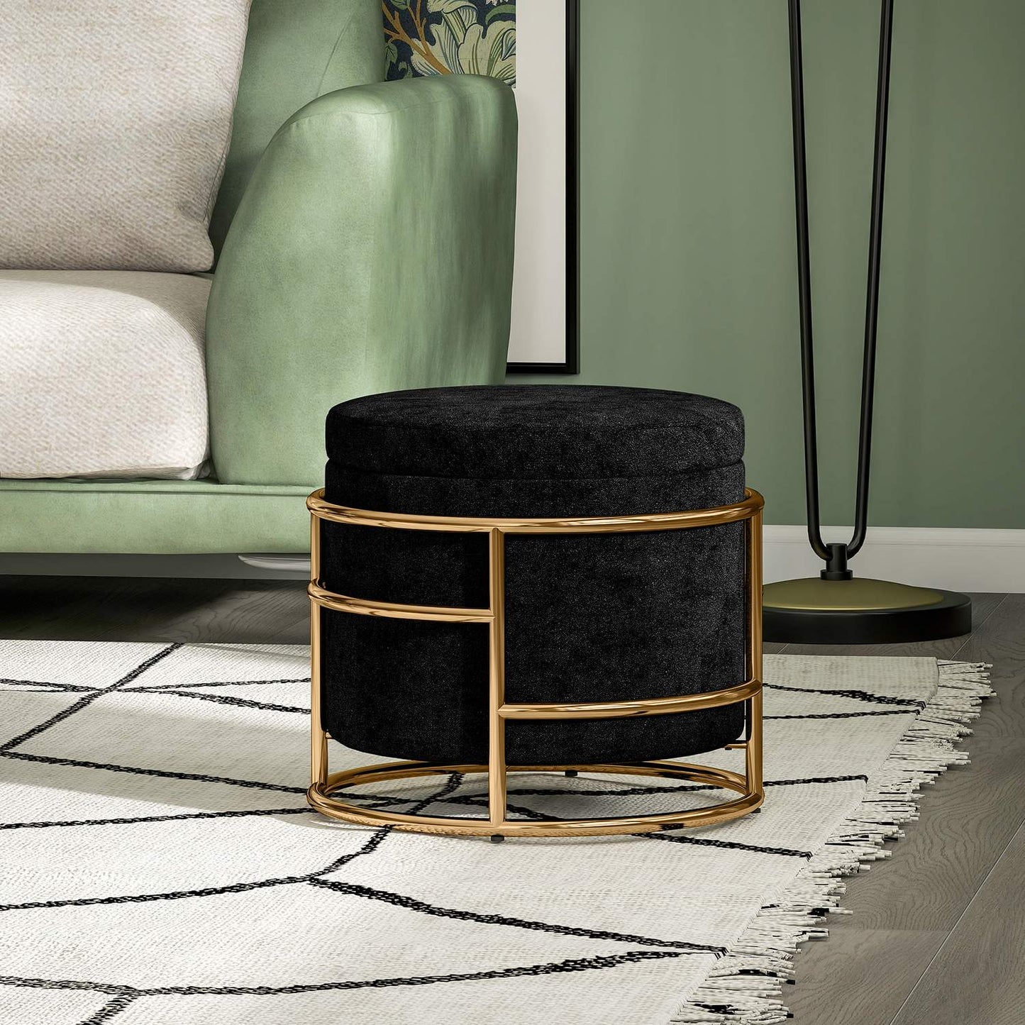 Storage Ottoman with Velvet, Black, Gold Metal Frame