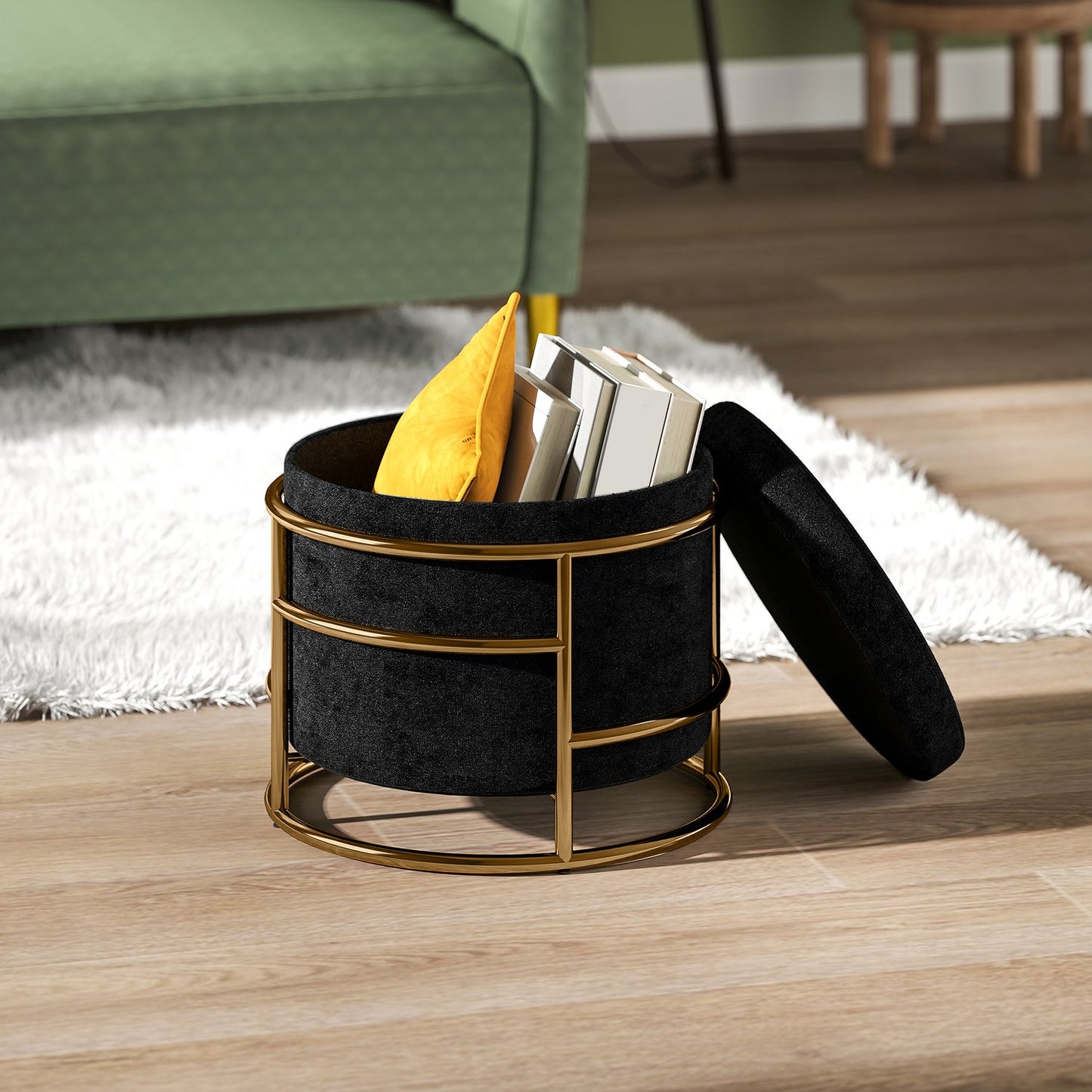Storage Ottoman with Velvet, Black, Gold Metal Frame