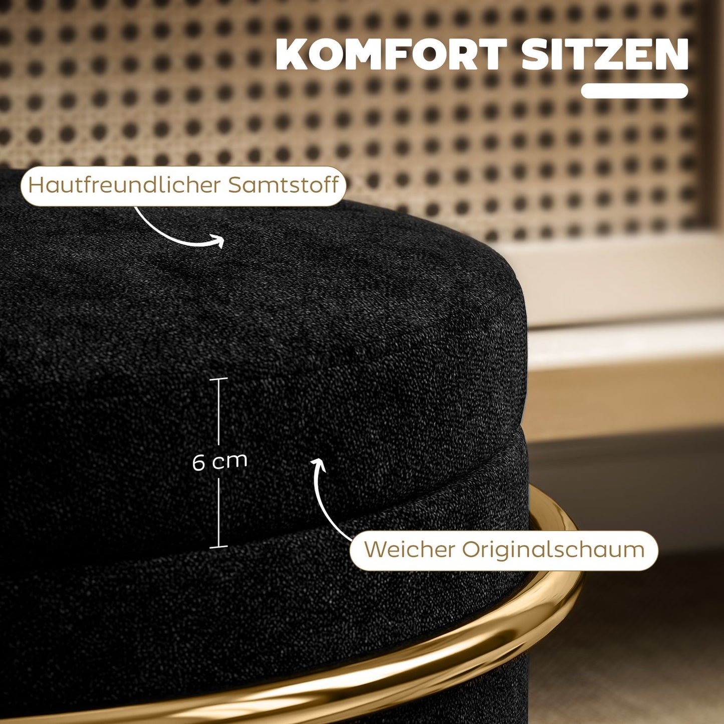 Storage Ottoman with Velvet, Black, Gold Metal Frame