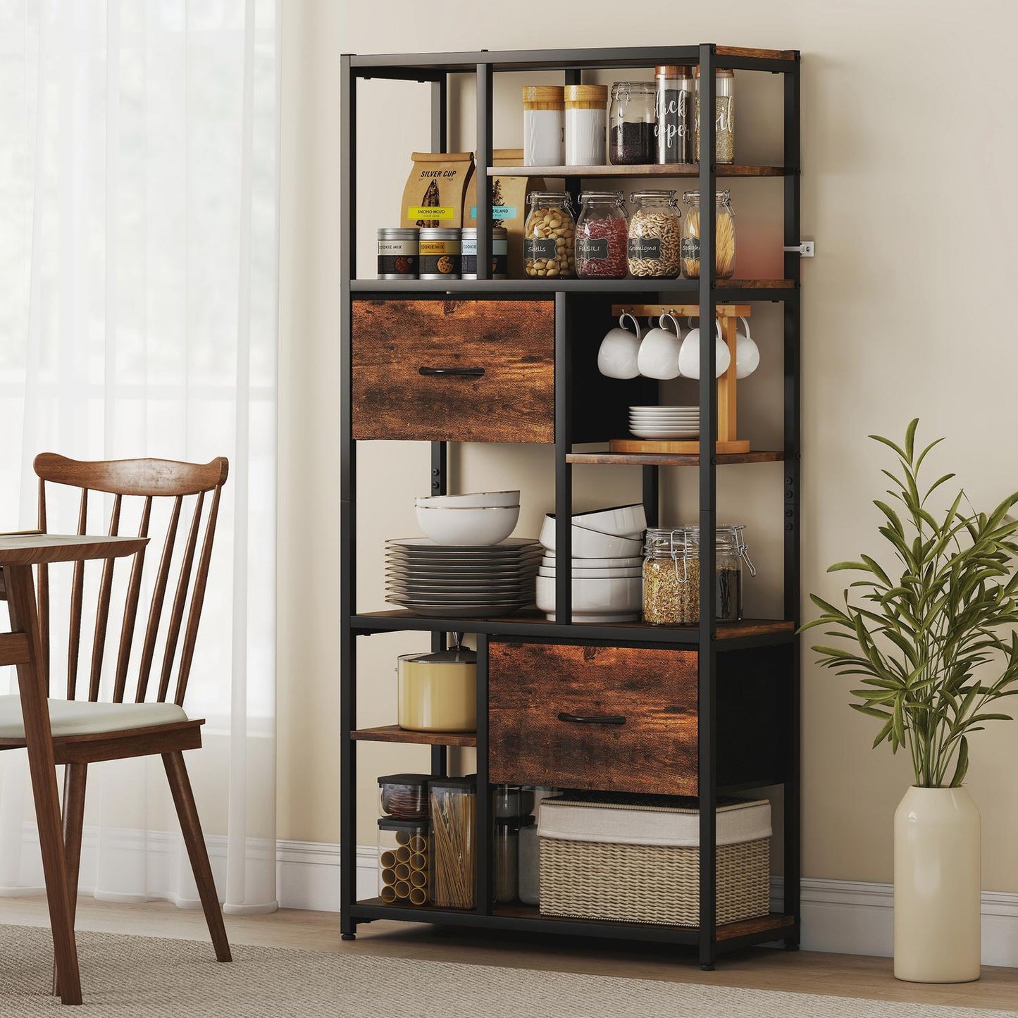 Storage Shelf with 2 Fabric Drawers, 9 Open Compartments