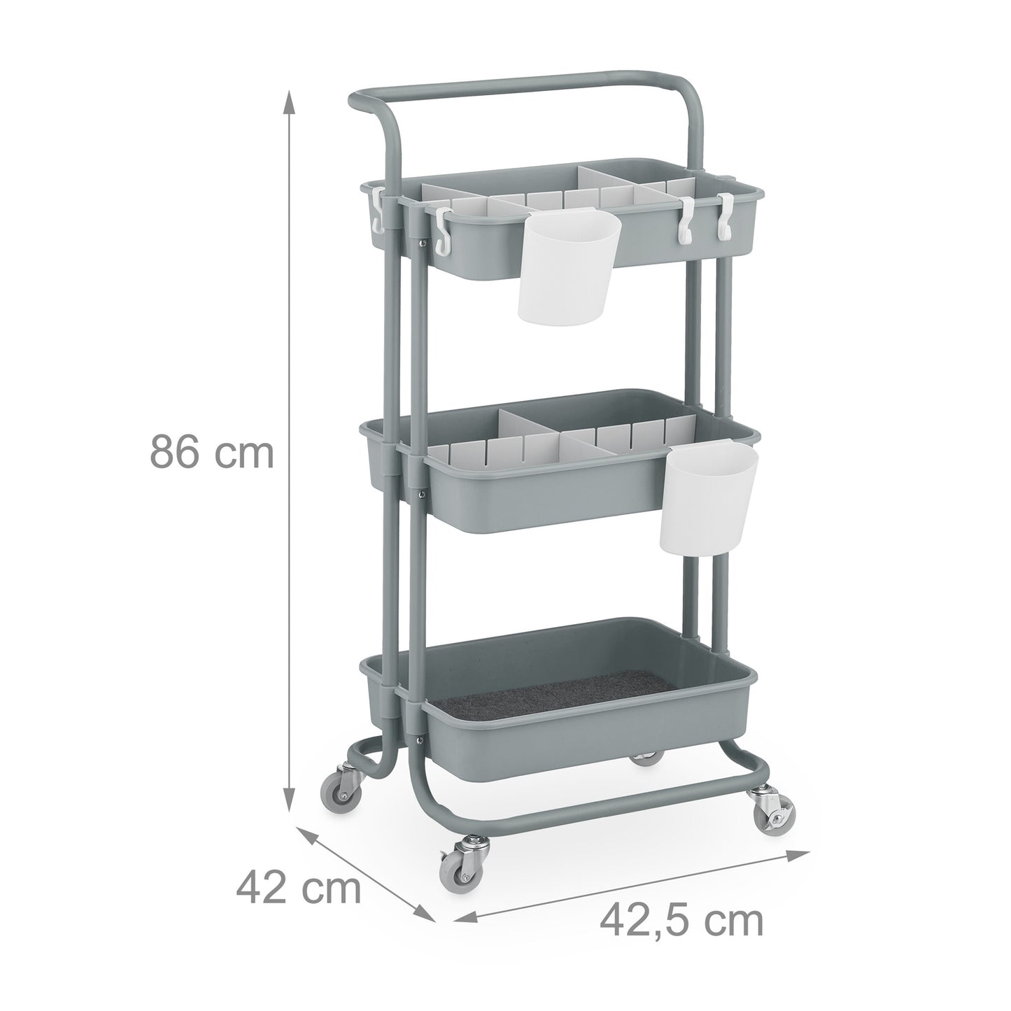 Storage Trolley with Felt Inserts, 3-Tier Shelves