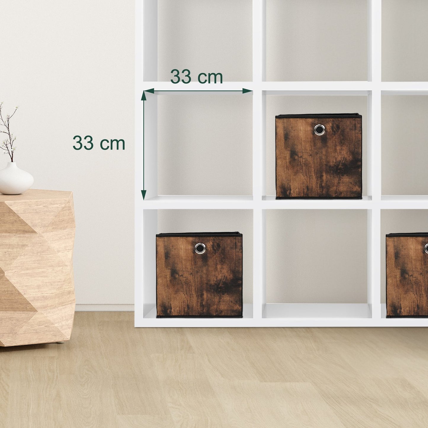 Storage box in fabric with a wooden look, 6-pack