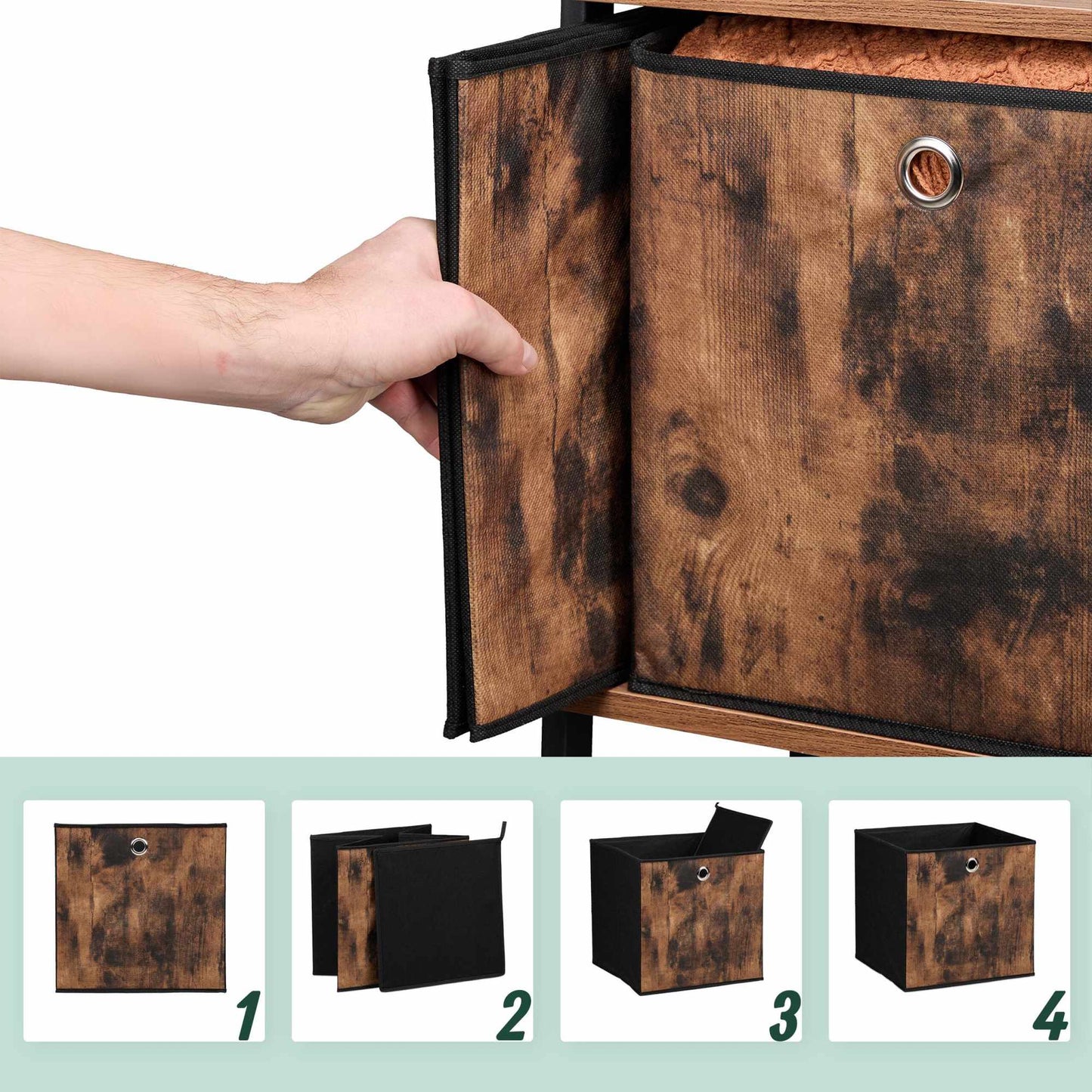 Storage box in fabric with a wooden look, 6-pack