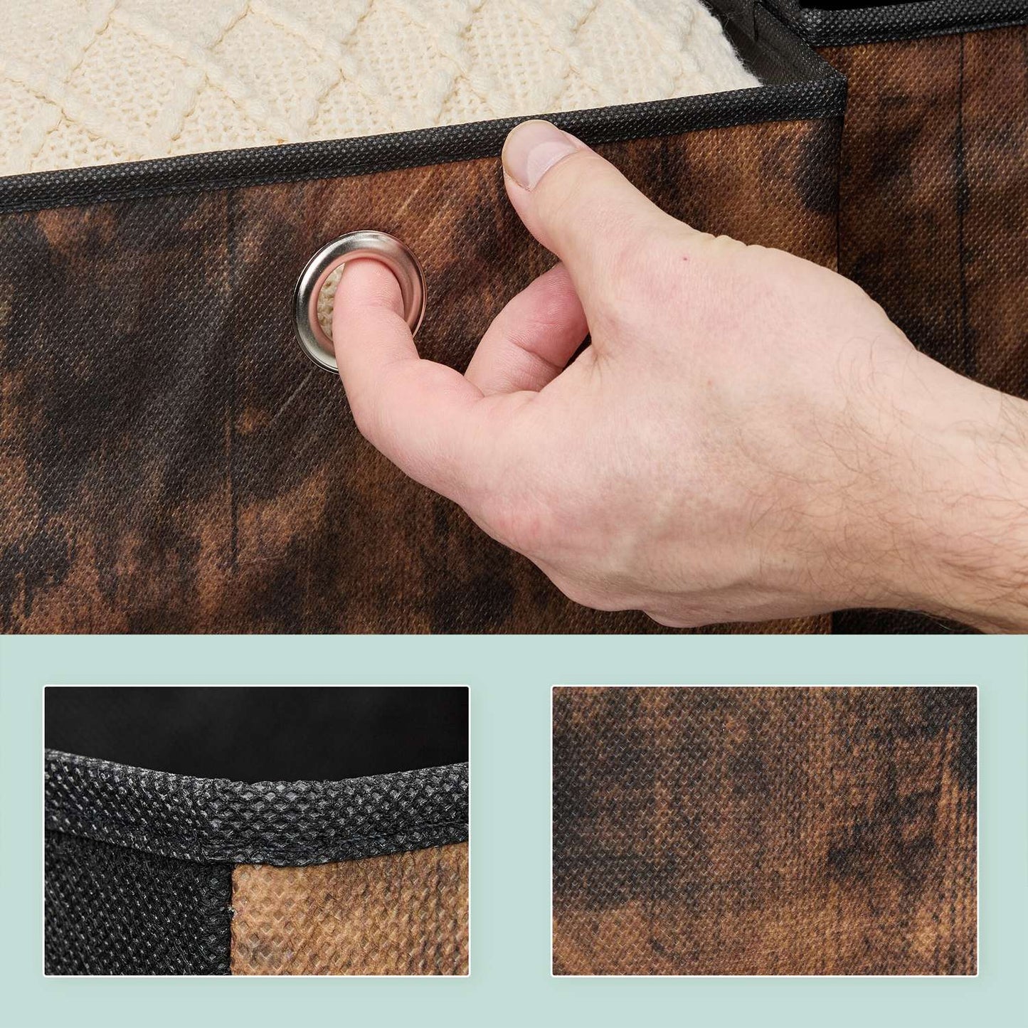 Storage box in fabric with a wooden look, 6-pack