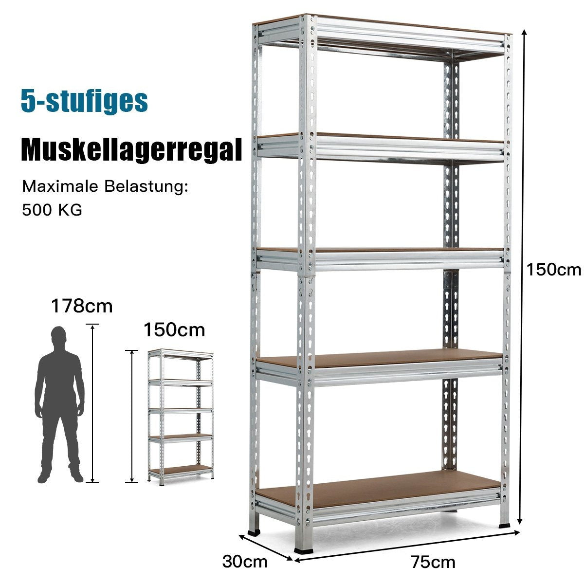 Storage rack with 5 adjustable shelves, heavy-duty rack, load capacity up to 500 kg, 150 x 75 x 30 cm