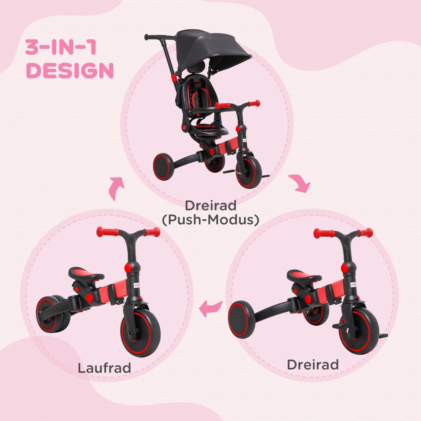 3-in-1 convertible stroller tricycle, adjustable handle