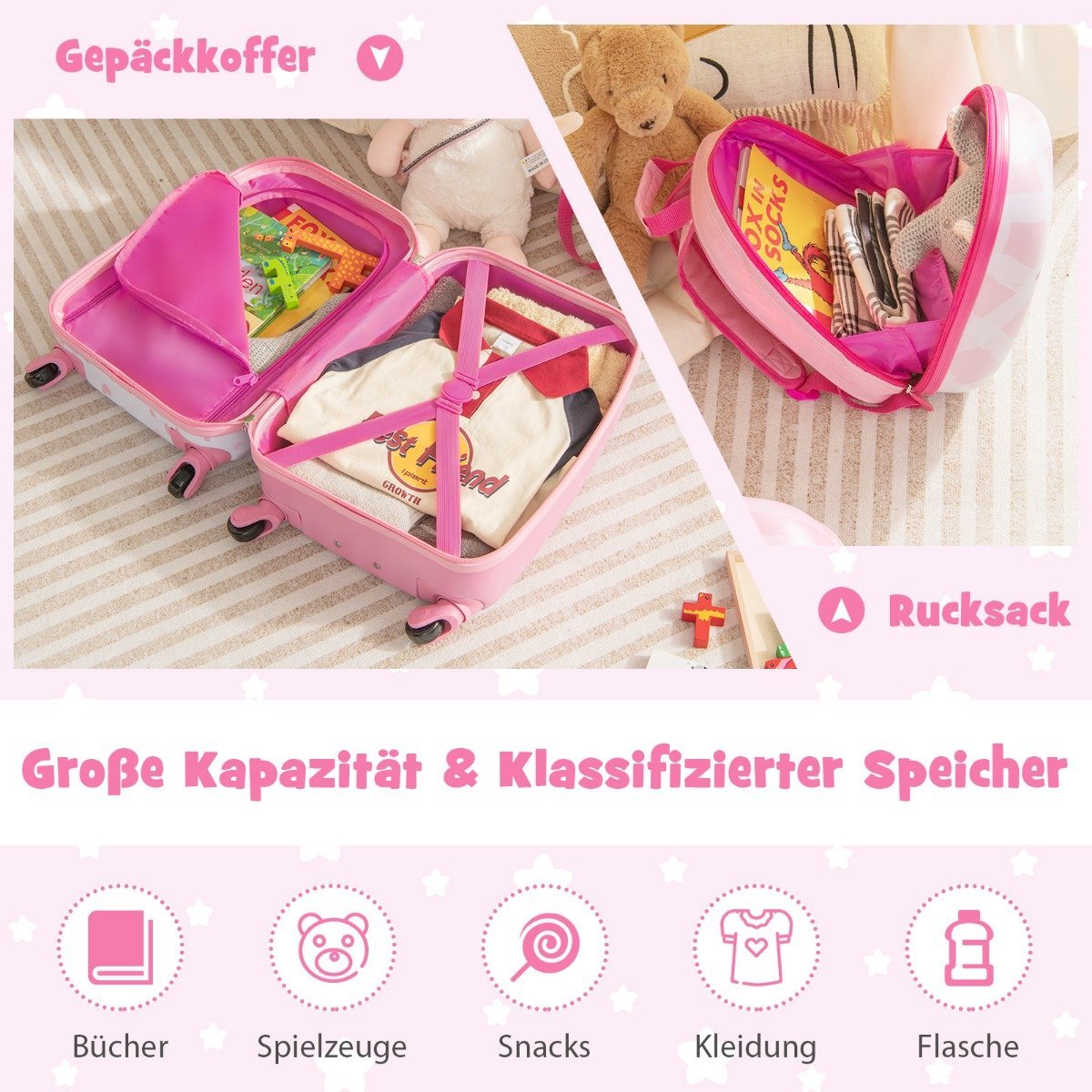 Suitcase set 2 pieces unicorn 16'' children's suitcase + 12'' backpack pink