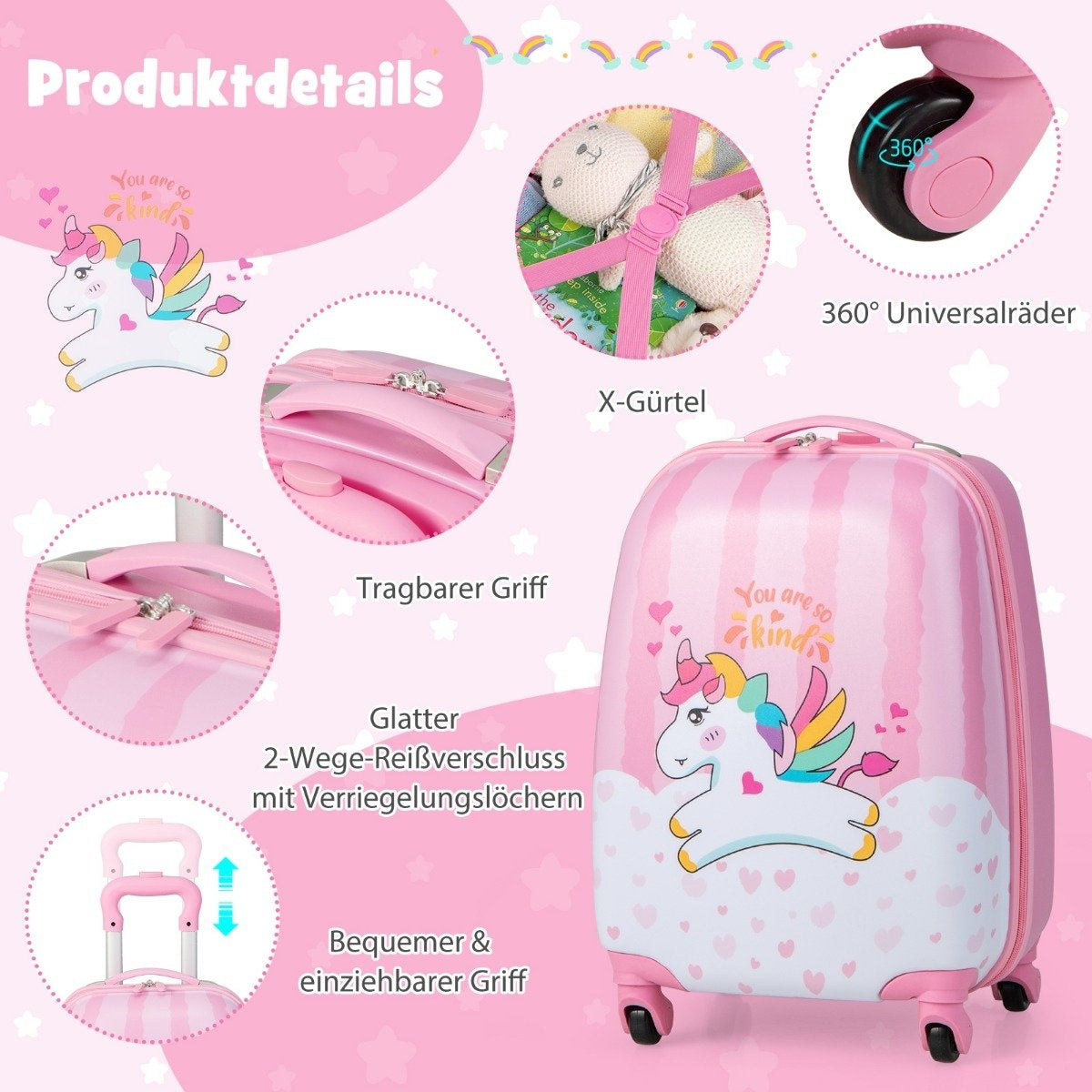 Suitcase set 2 pieces unicorn 16'' children's suitcase + 12'' backpack pink
