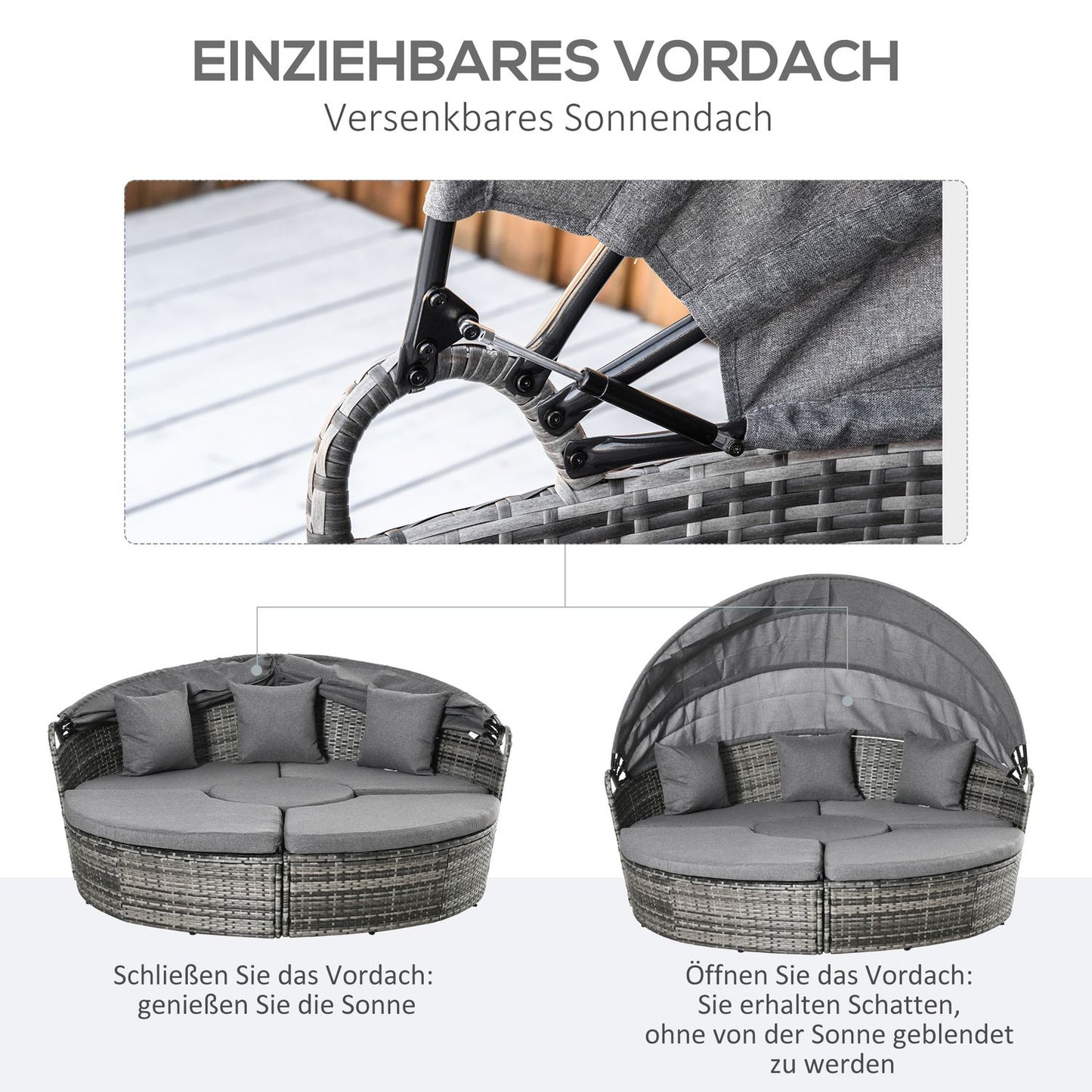 Rattan lounge set with canopy, cushions and table, grey