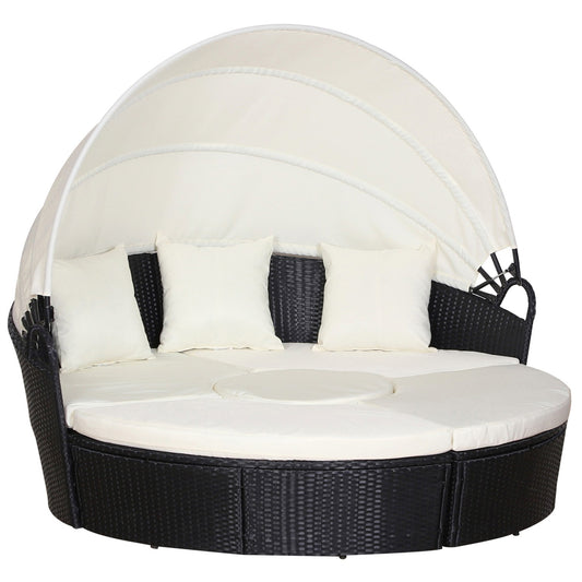 Seat set in rattan with sunshade, cushions and table