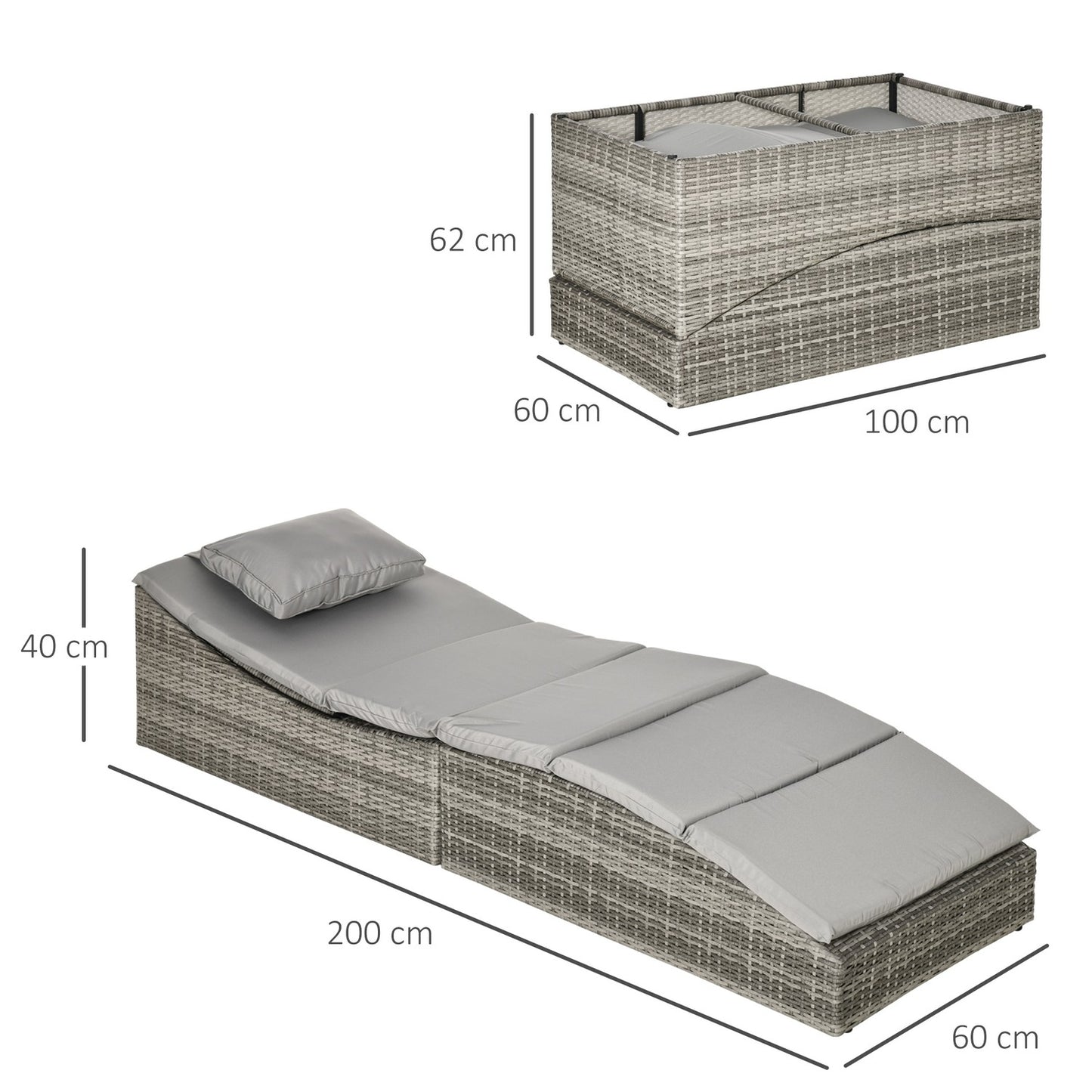 Adjustable sun lounger in the poly rattan with cushion, foldable 2-in-1 design