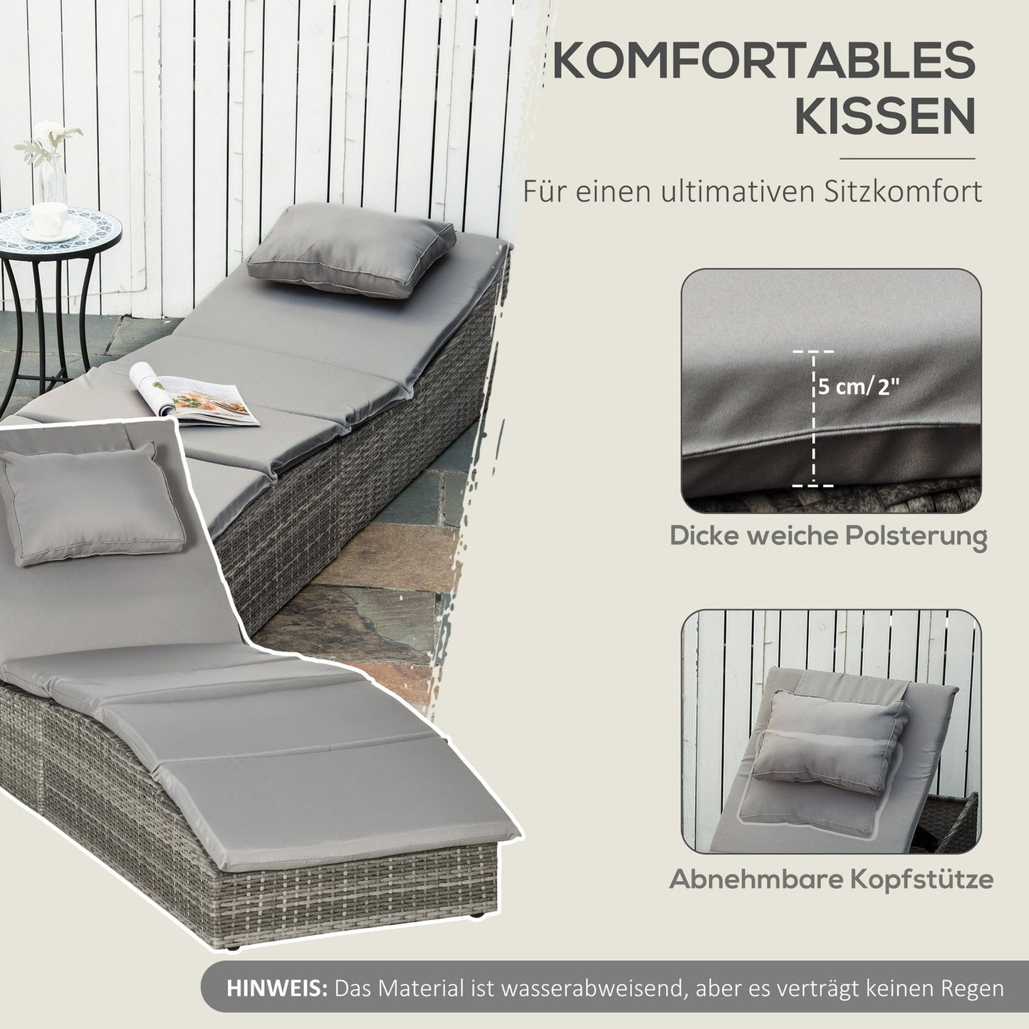 Adjustable sun lounger in the poly rattan with cushion, foldable 2-in-1 design