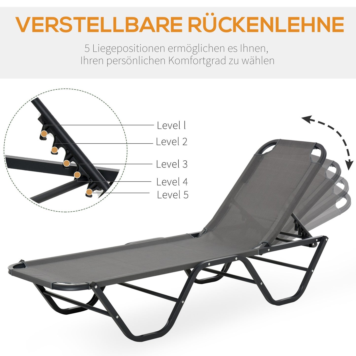 Sun lounger in aluminium, 5-level adjustable, grey/black