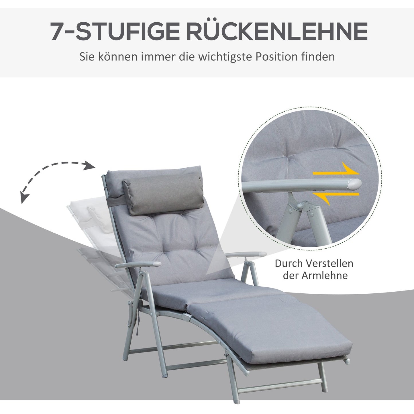 Adjustable gray sun lounger with cushion, folding metal