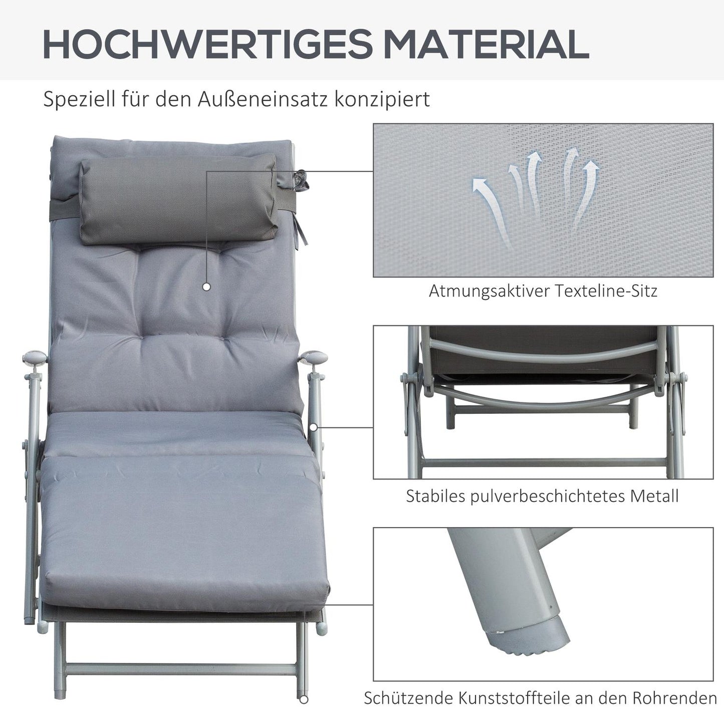 Adjustable gray sun lounger with cushion, folding metal