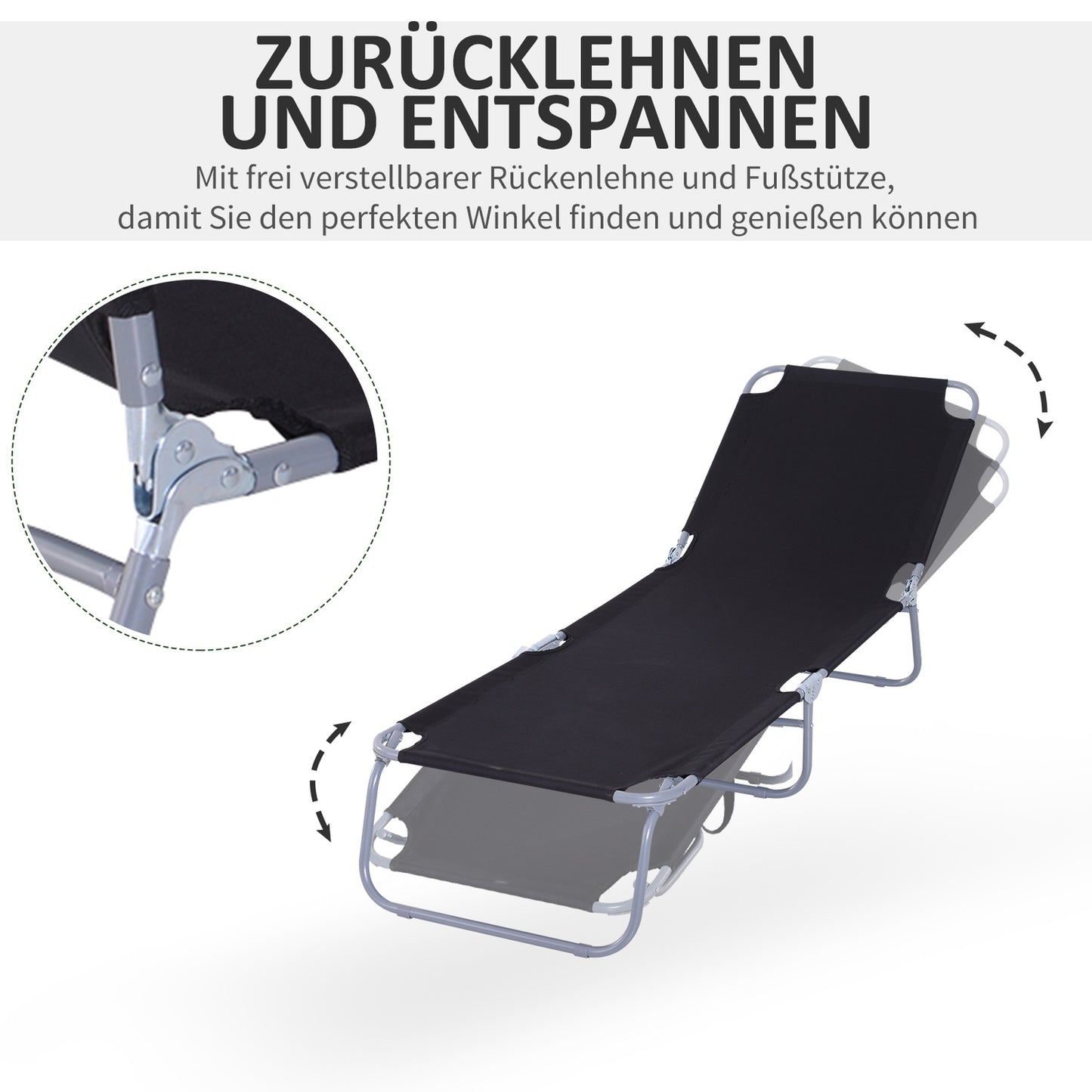 Folding camping sun lounger with adjustable backrest, black