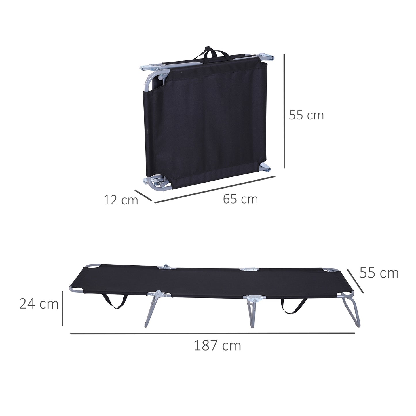Folding camping sun lounger with adjustable backrest, black