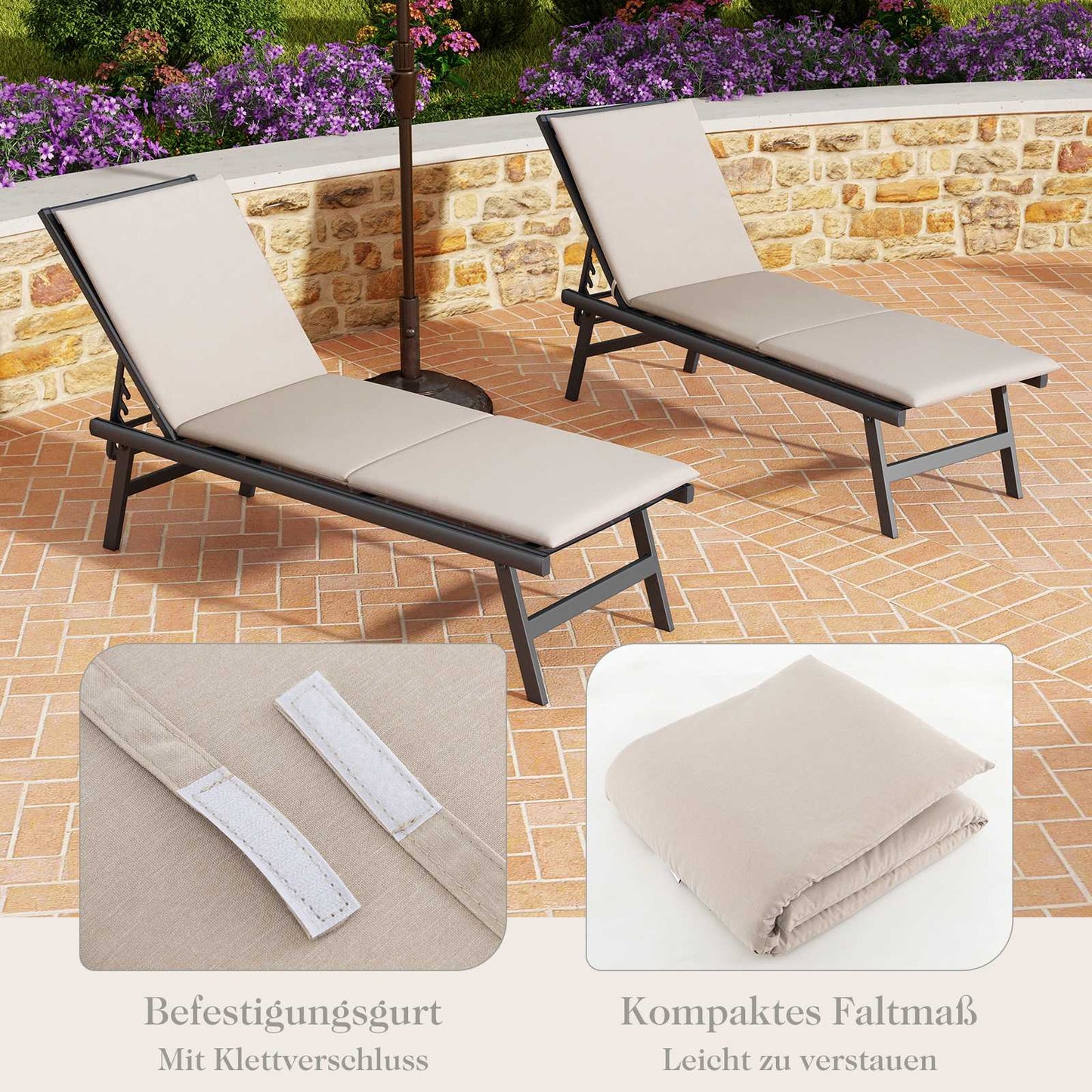 Sun Lounger Cushion Set, Beige, 182x59x4.5 cm, 2-Pack