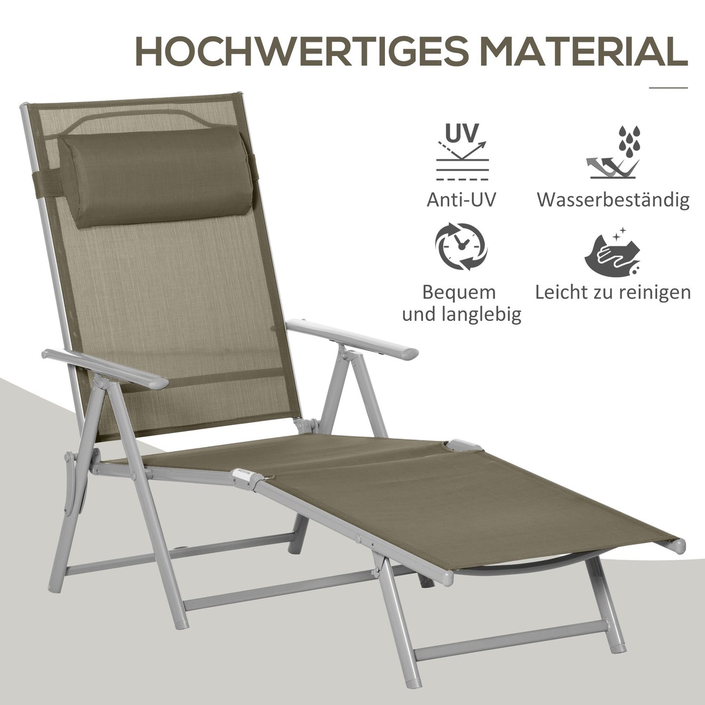 Adjustable sun lounger with cushion, 7 positions, foldable