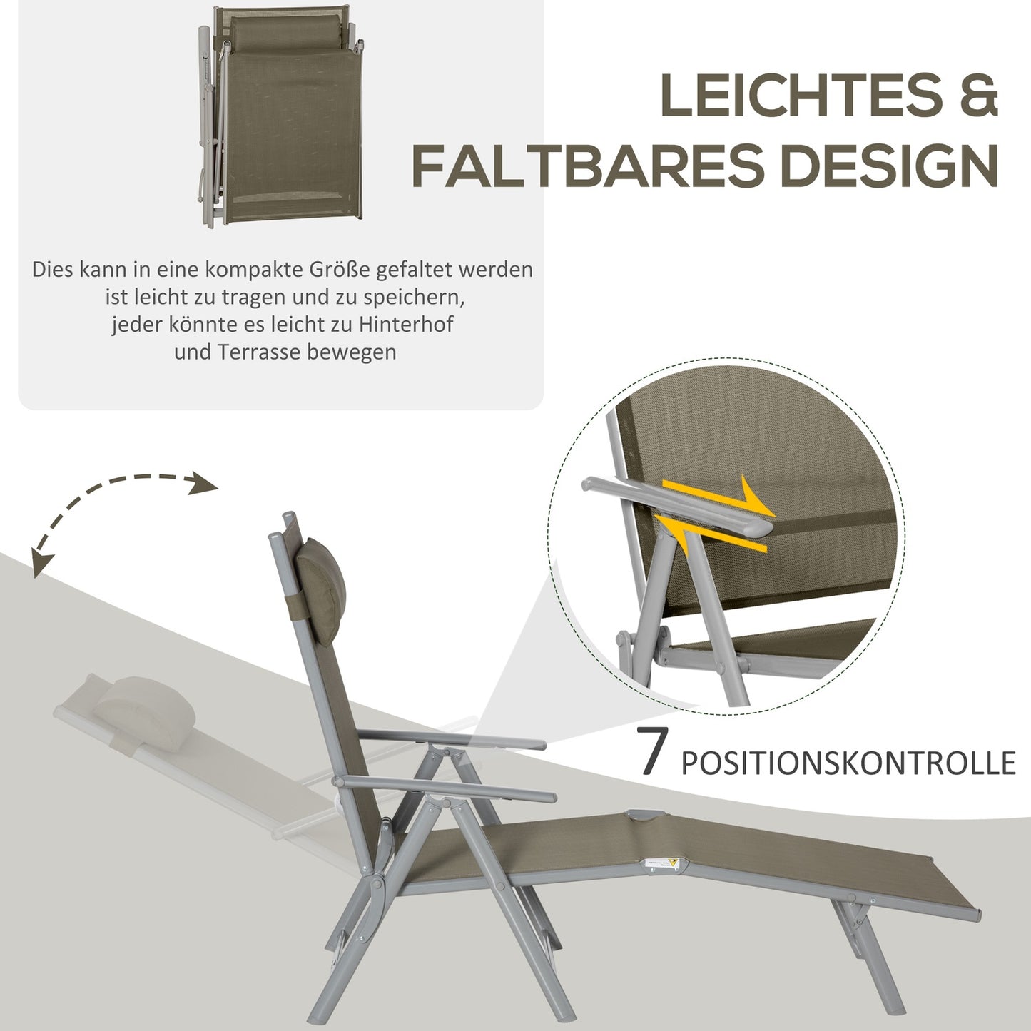 Adjustable sun lounger with cushion, 7 positions, foldable