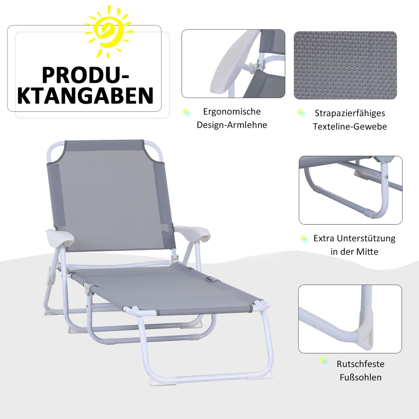 Folding sun lounger with 4-layer mesh, Gray 160x66x80 cm