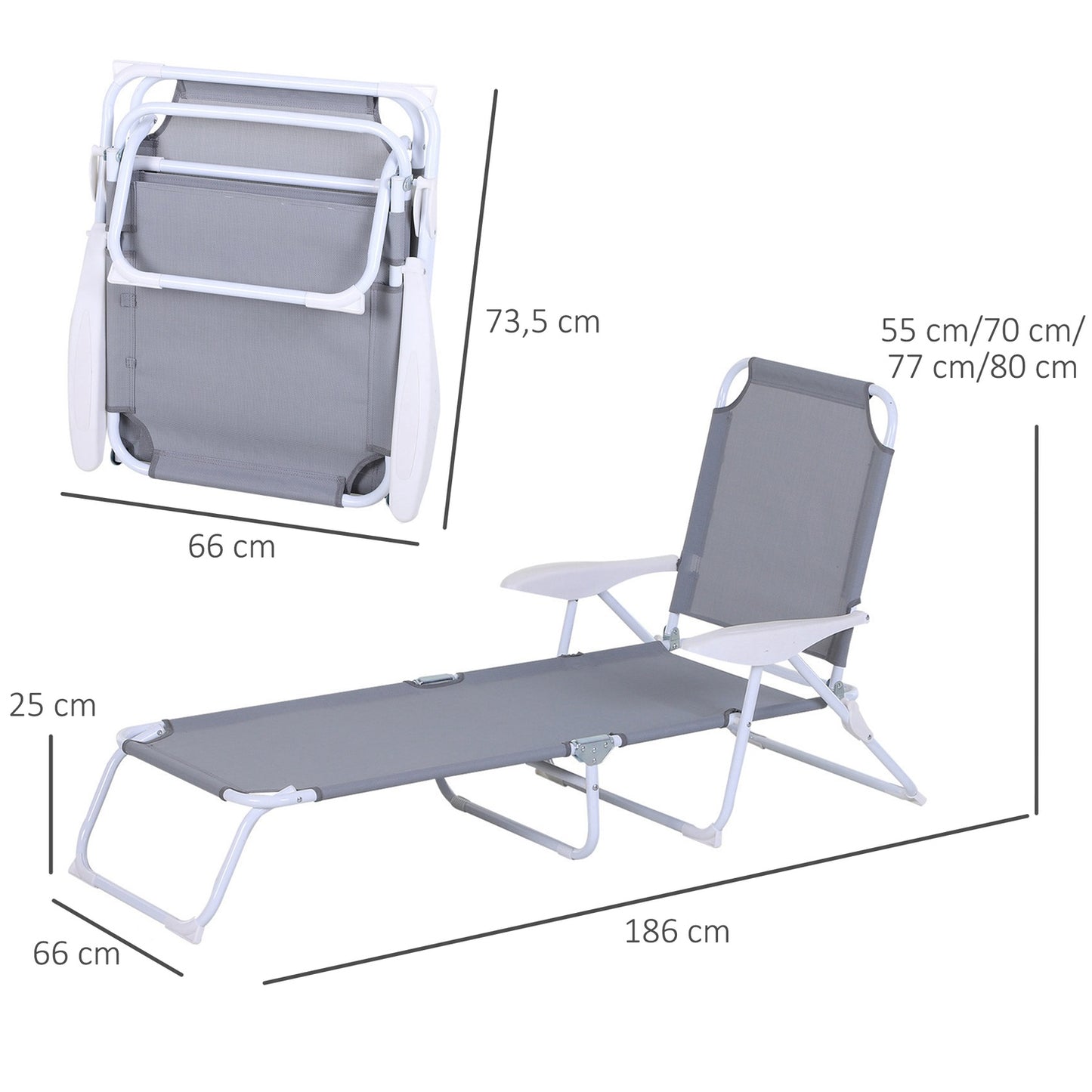 Folding sun lounger with 4-layer mesh, Gray 160x66x80 cm