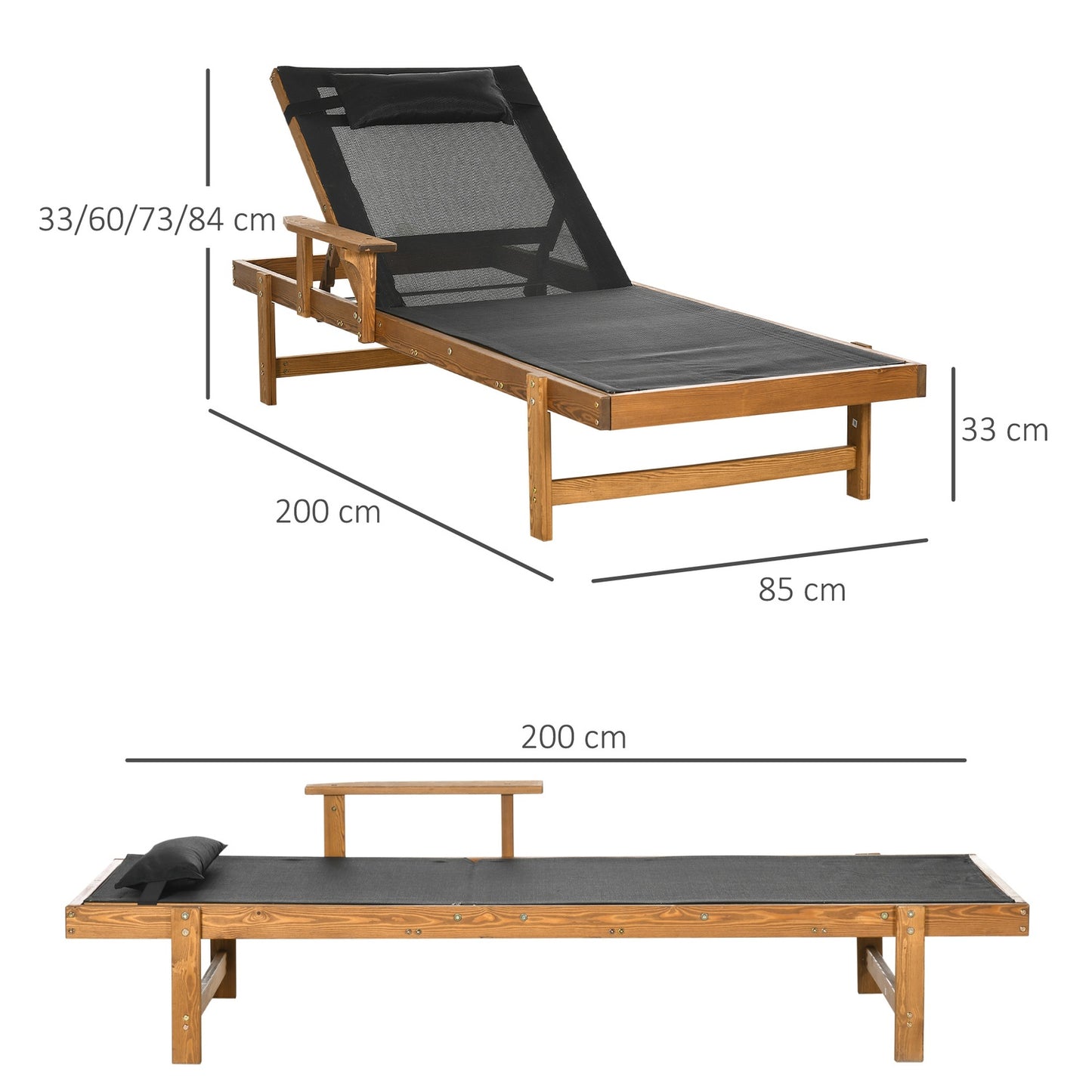Adjustable sun lounger for garden, 85x200 cm, 120 Kg Capacity