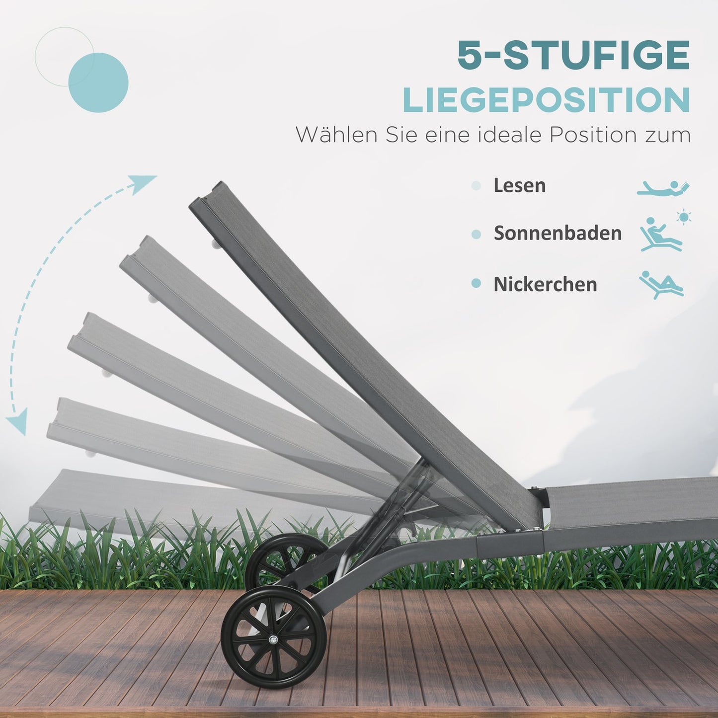 Adjustable sun lounger with wheels - blue, aluminium, 195 cm