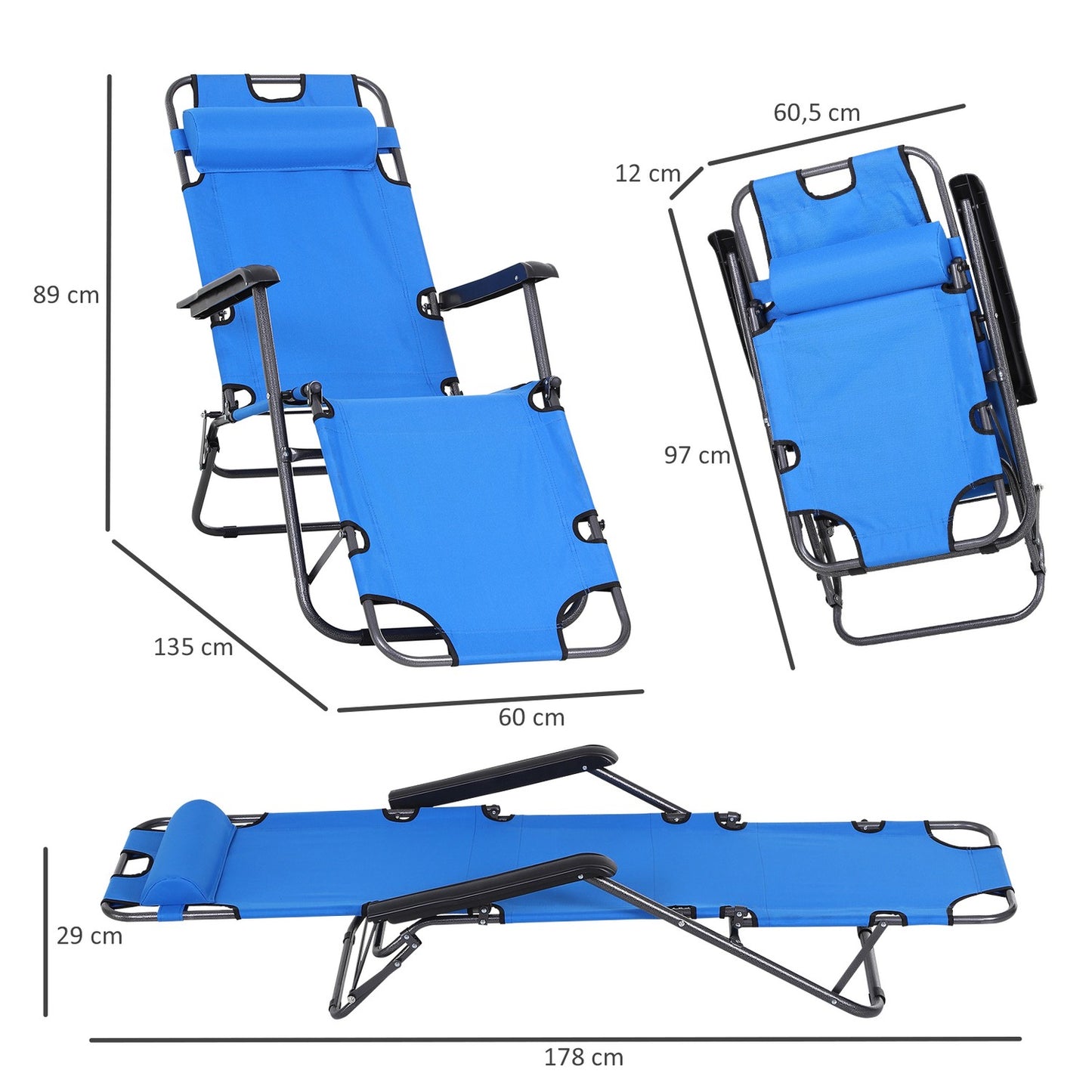 Folding sun lounger in blue metal - 2-tier, Oxford fabric
