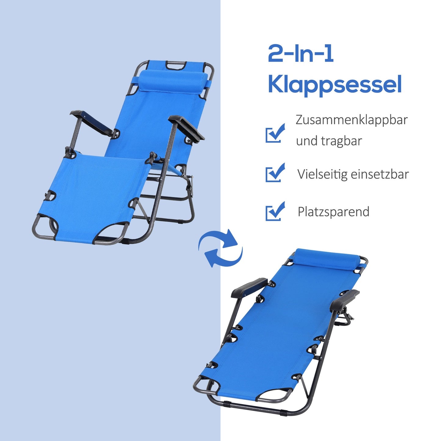 Folding sun lounger in blue metal - 2-tier, Oxford fabric