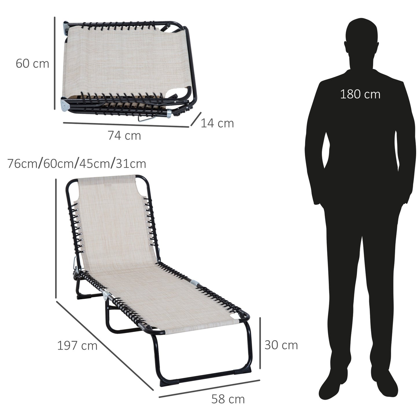 Adjustable beige sun lounger with 4-step backrest