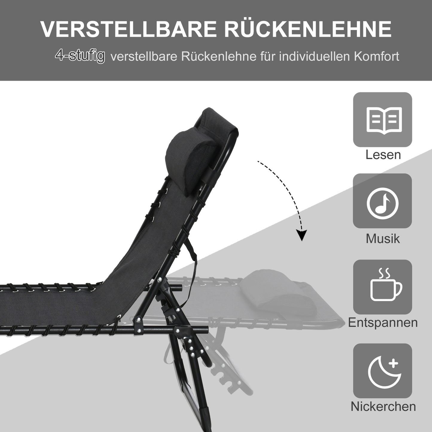 Adjustable sun lounger, folding steel frame - black