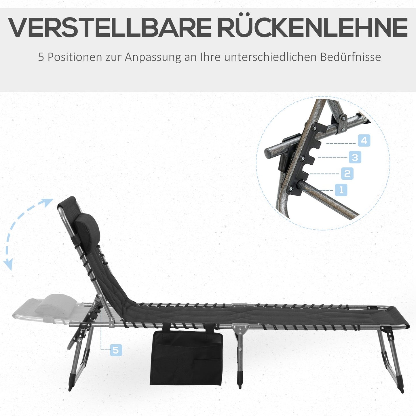 Folding garden sun lounger with cushion, adjustable backrest
