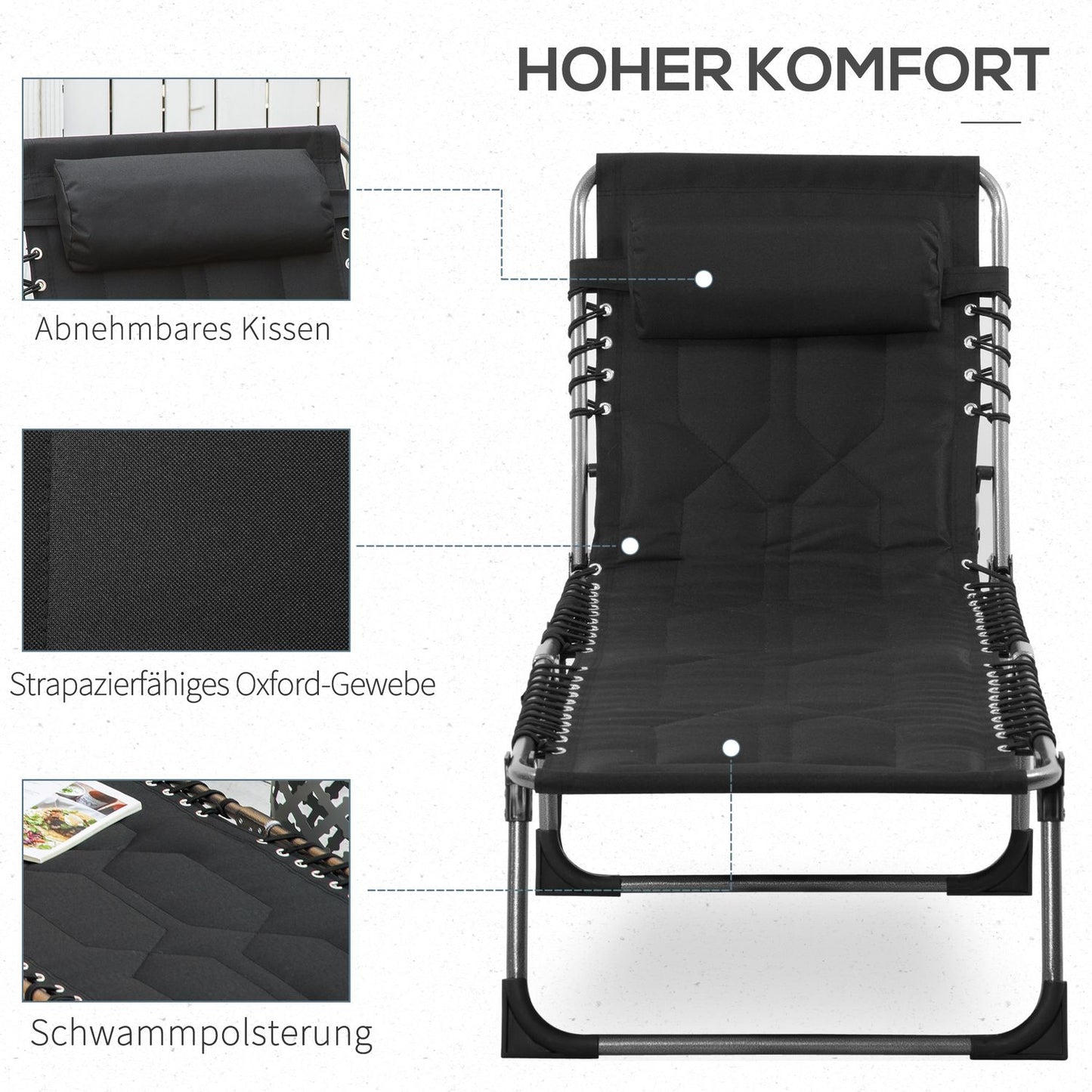 Folding garden sun lounger with cushion, adjustable backrest