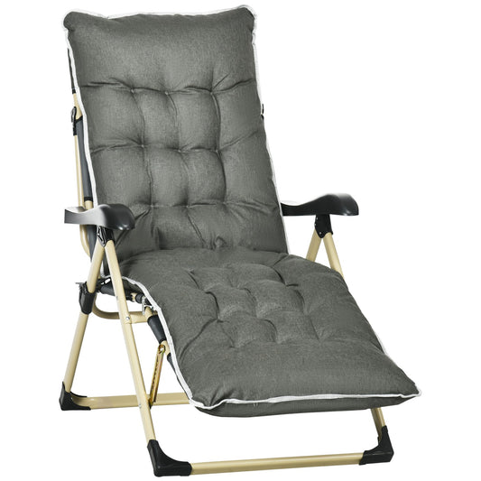 Folding sun lounger with adjustable backrest and cushion