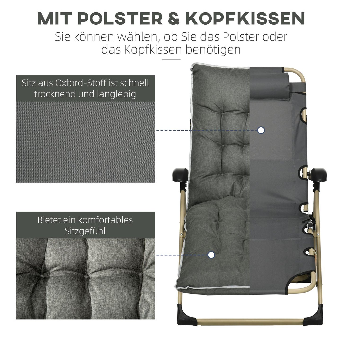 Folding sun lounger with adjustable backrest and cushion