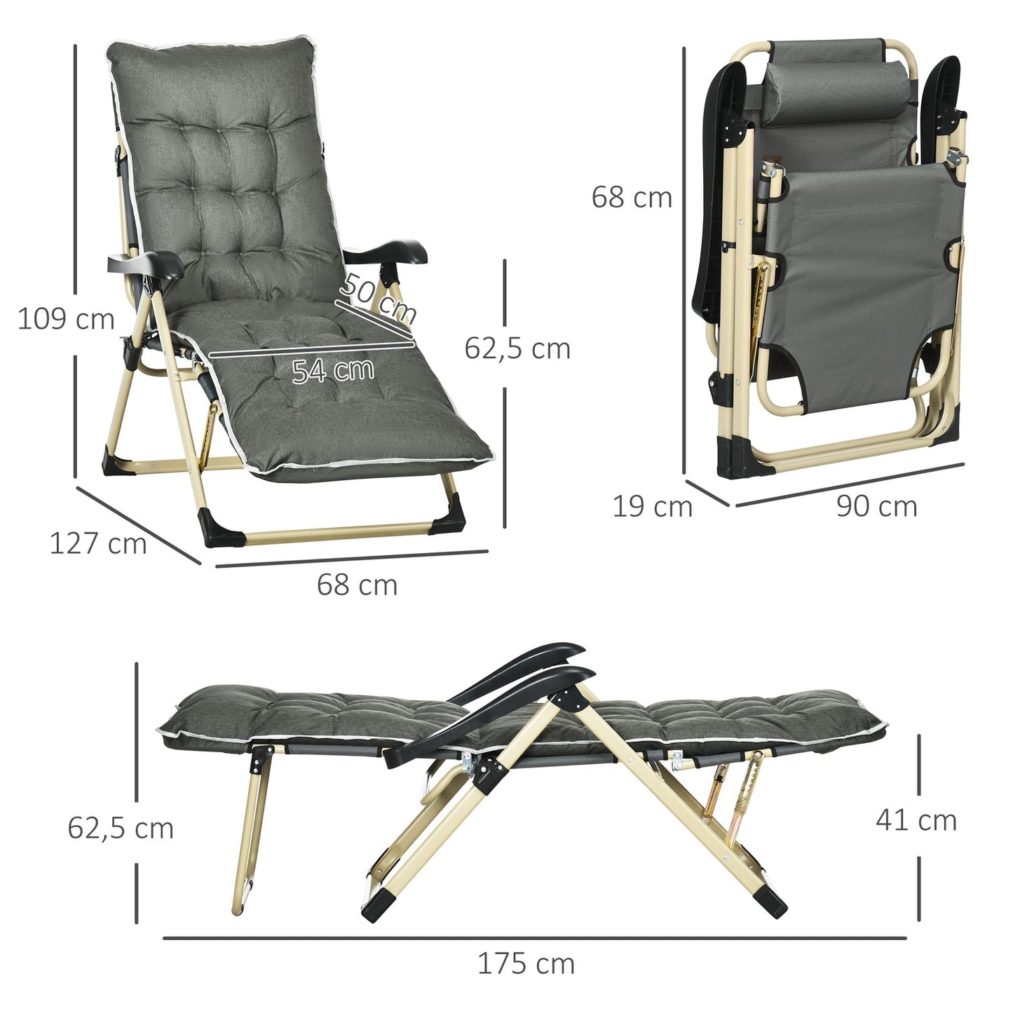 Folding sun lounger with adjustable backrest and cushion