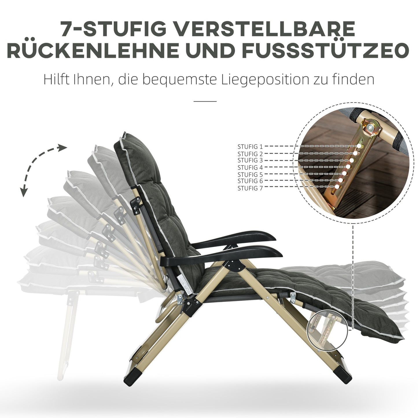 Folding sun lounger with adjustable backrest and cushion