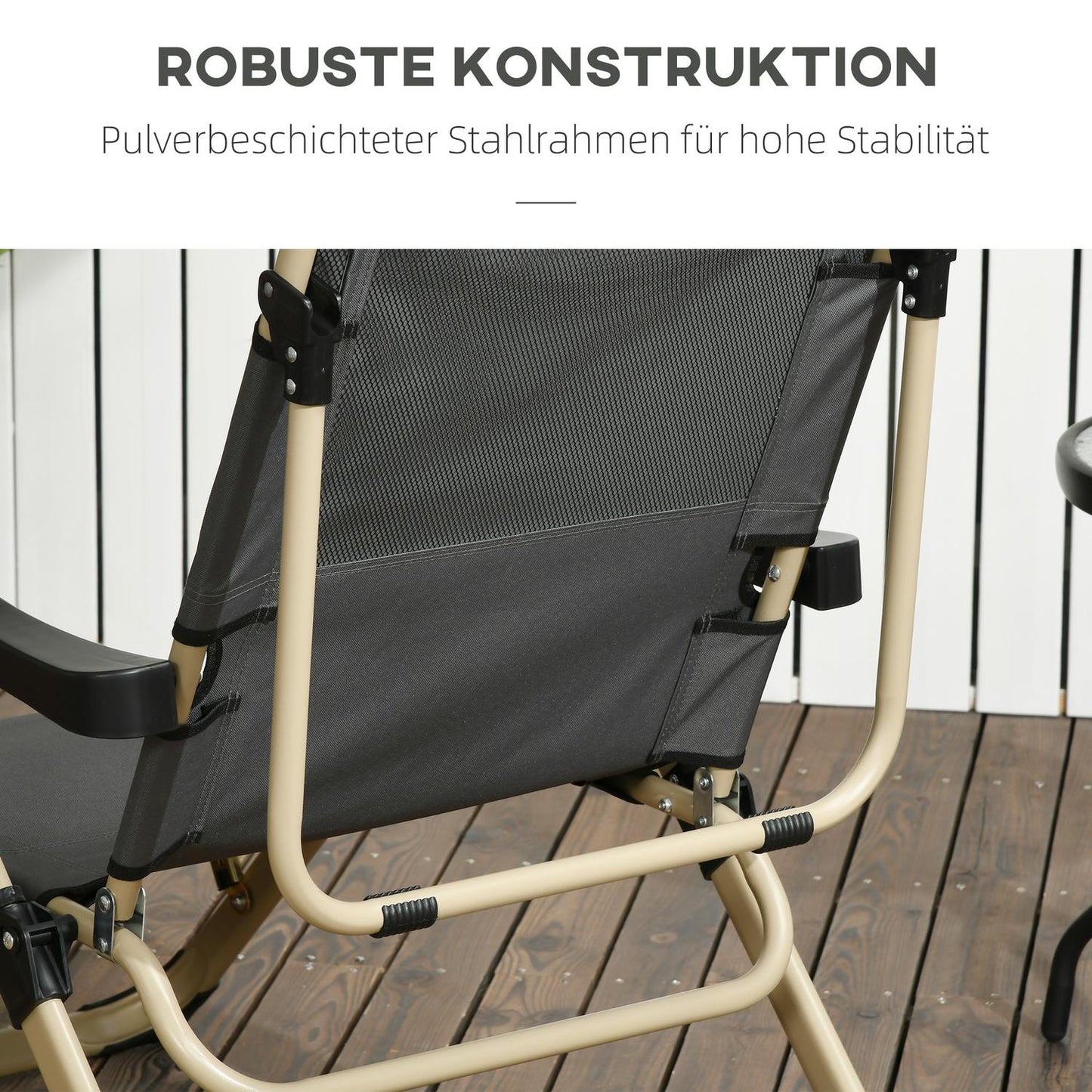Folding sun lounger with adjustable backrest and cushion