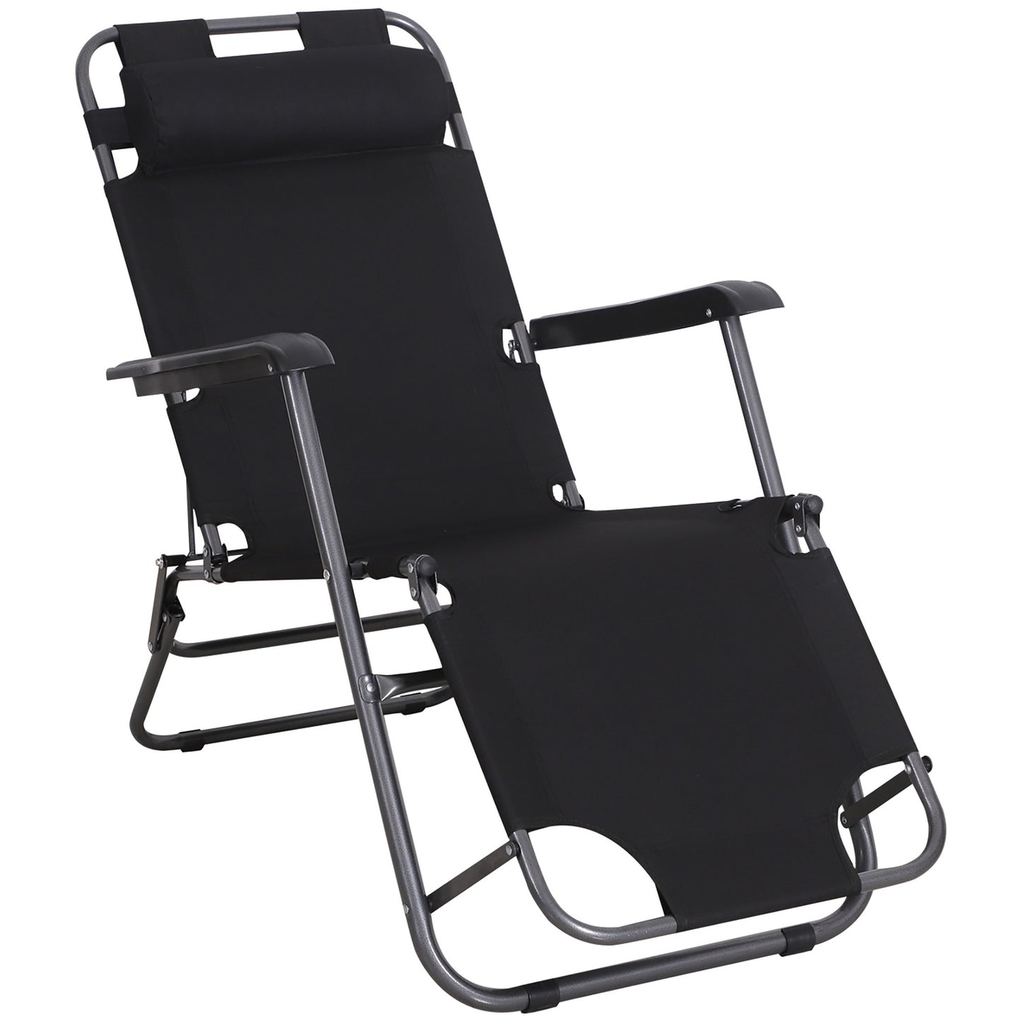 Folding sun lounger with cushion, black metal & Oxford fabric