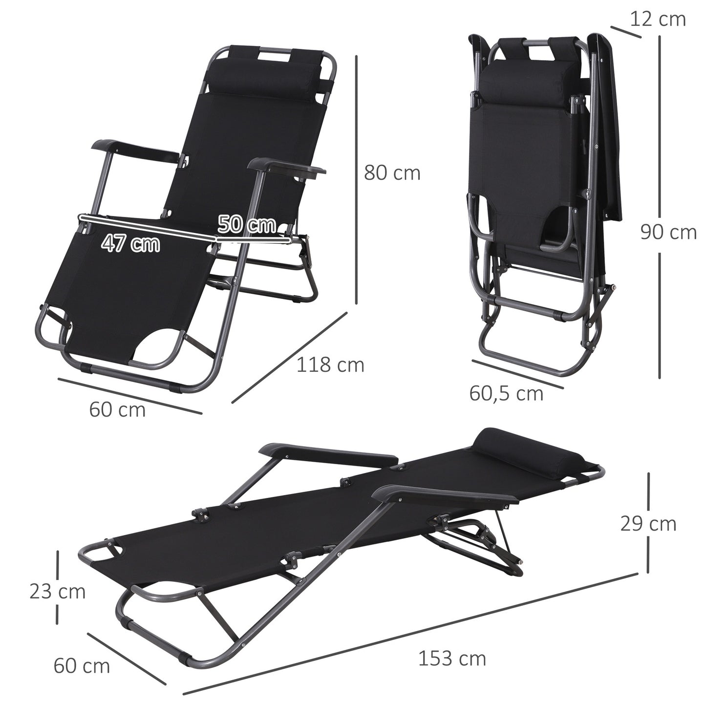 Folding sun lounger with cushion, black metal & Oxford fabric