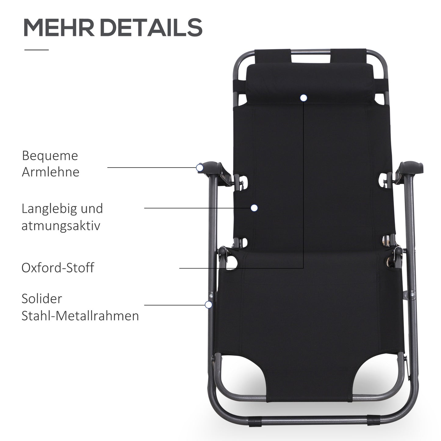 Folding sun lounger with cushion, black metal & Oxford fabric